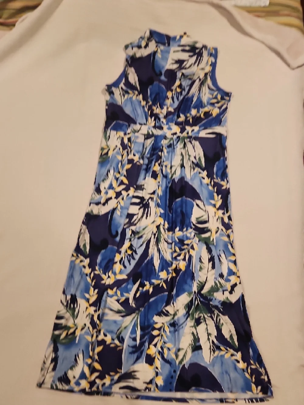 Chico's Blue, White and Yellow Tropical Leaf-Print Sleeveless Maxi Dress - Picture 4 of 5